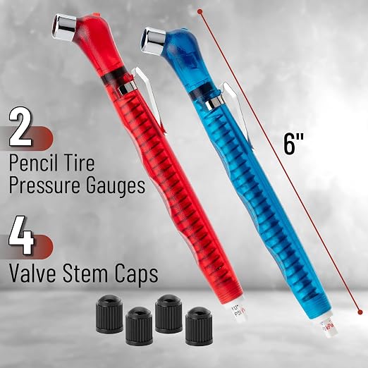 Pencil Tire Pressure Gauge, 2 Pack Blue & Red, 10-75 PSI