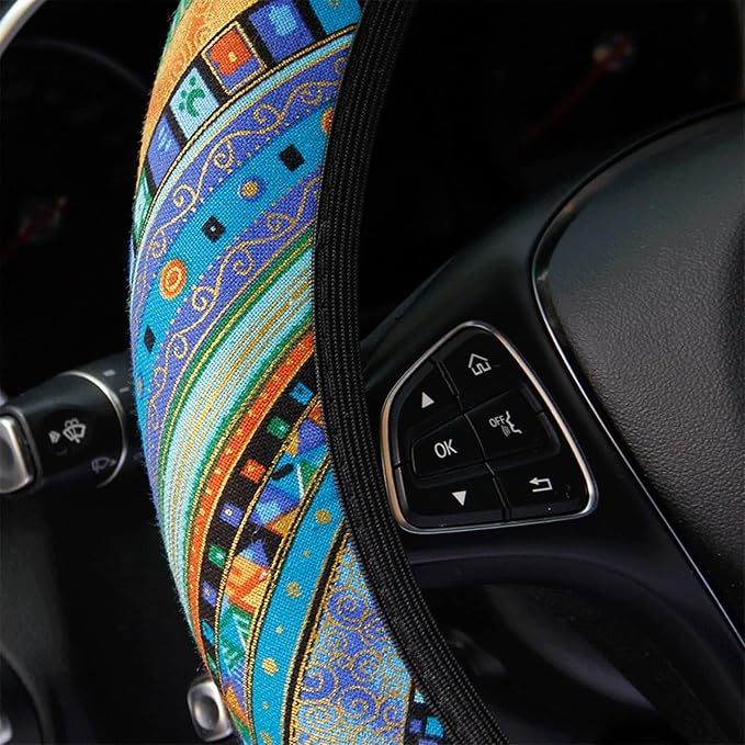 3 Pack Boho Steering Wheel Cover with Car Cup Holder Coasters Universal Baja Hippie Bohemian Style Steering Wheel Covers Cute Car Steering Wheel Cover for Women Girl 15 Inch (Blue)