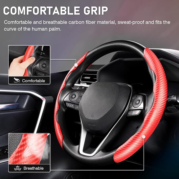 Steering Wheel Cover, Carbon Fiber Steering Wheel Cover, Car Steering Wheel Cover for Men/Women, Anti-Slip, Comfortable Grip, Durable, Universal for 99% Car Interior Accessories (Red)