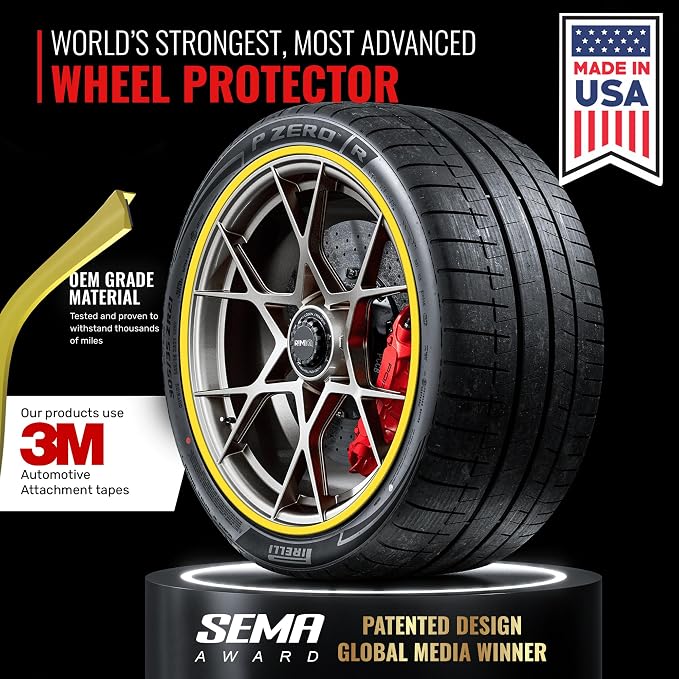 PROTECTiQ PRO Universal Rim Protection Trim - Curb Rash Guard with Award-Winning Patented Design and Premium 3M Tape - Fits Up to 4X 24 Wheels, Cars, Trucks, SUVs - Yellow