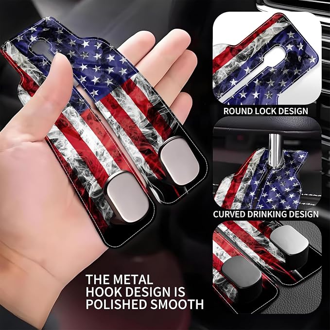 Car Headrest Purse Hanger Vintage National America Flag 1 Pack Bag Purse Holder for Car Premium Leather Double Metal Hook for Handbags, Grocery Bags and Phones