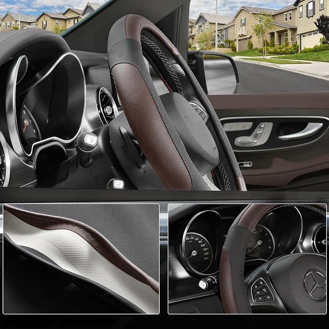 Steering Wheel Cover for Car, Standard Size 14.5-15 inch, Auto Interior Accessories, Black and Dark Brown