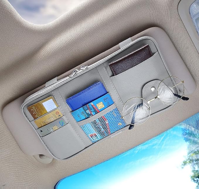 Car Visor Organier Truck SUV Sun Visor Storage Pocket PU Leather Pouch Holder with Multi-Pocket Double Zipper Net Pocket, for Cards Pens Sunglasses Document (Cream Grey)