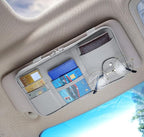 Car Visor Organier Truck SUV Sun Visor Storage Pocket PU Leather Pouch Holder with Multi-Pocket Double Zipper Net Pocket, for Cards Pens Sunglasses Document (Cream Grey)