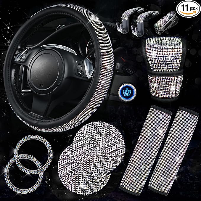 11 PCS Bling Diamond Car Accessories for Women, Sparkly Rhinestone Steering Wheel Cover Bling Seat Belt Cushion, Glitter Shift Knob Cover Car Cup Holder Coaster, Cute Interior Sets Multicolor