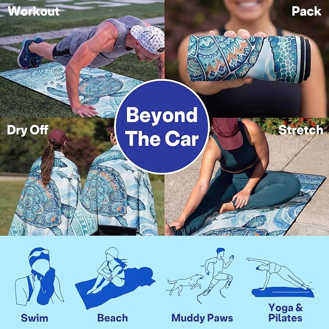 2 Pack Car Seat Towel Covers, Sweat-Proof Microfiber Seat Protectors for Gym, Running, Beach & Workout, Breathable Quick-Dry, Machine Washable, Ink-Style Sea Turtle Print, Universal Fit