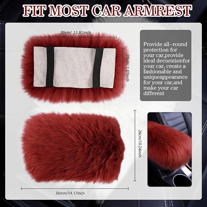 Furry Armrest Cover Auto Center Console Cover Car Soft Console Pad, Real Sheepskin Wool Soft Fluffy Auto Center Armrest Pad for Most Car Decoration Protector(Wine Red)