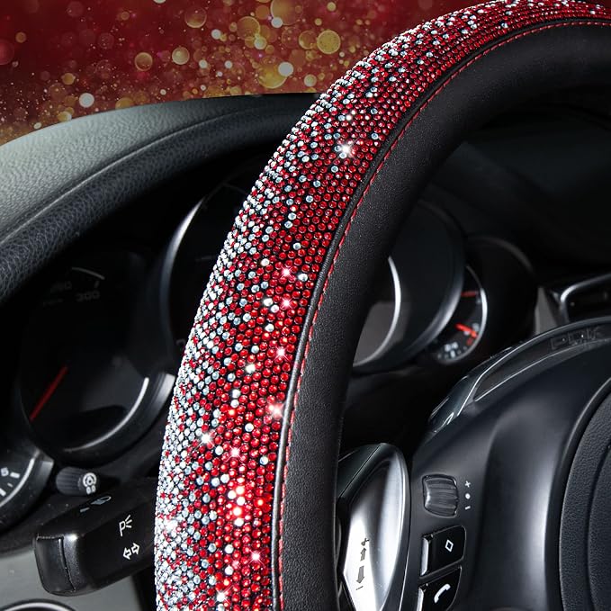 Bling Diamond Leather Steering Wheel Cover, Bling Sparkly Crystal Glitter Rhinestones Universal Fit 14" 1/2-15" Car Wheel Protector for Women Girl Fit Suvs,Vans,Sedans,Trucks, Red Silver