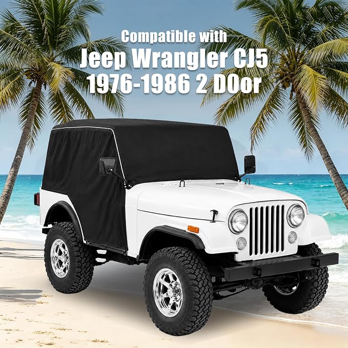 600D Cab Cover Windproof Sunshade Cover Compatible with Jeep Wrangler CJ5 1976-1986 2 Door, 6-Layer Protection Frost Wiper & Mirror Covers Protect from Sunshine, UV, Snow, Rain