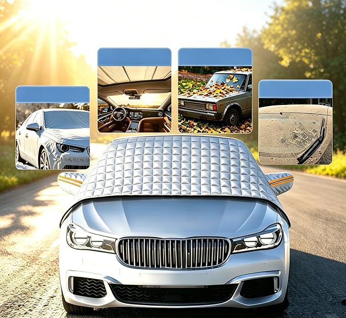 5-Layer Larger Covering Windshield Cover, UV Heat Insulation Sun Shade Cover, All Season Snow Ice Waterproof Windshield Cover, Hail Protector for Sedan Compact Hatchback (Size M)