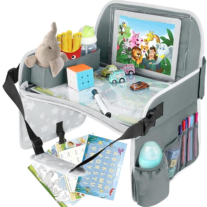 Kids Travel Tray for Toddler Car Seat, Toddler Gift for Boy | Road Trip Essentials Accessories Lap Tray with Dry Erase Board, iPad Holder Stand & Cooler Cup Holder as Birthday Gift, Grey