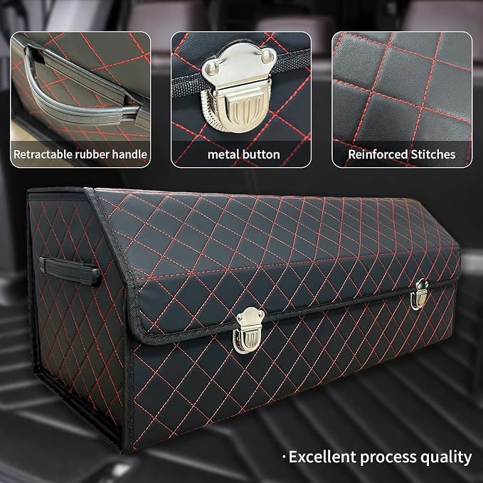 Car Trunk Organizer with Lid,Foldable Faux Leather Cargo Storage Box,3 Compartments,Collapsible Multi-Functional for SUV,Sedan,Vehicle Trunk