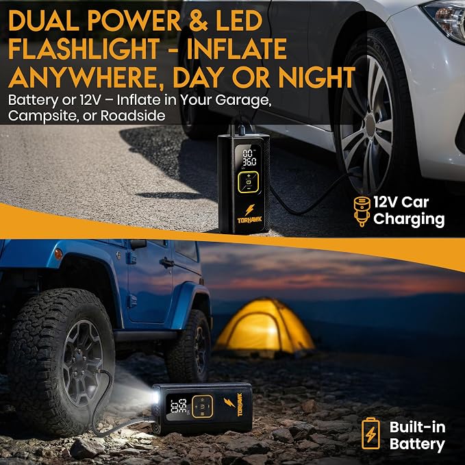 Portable Tire Inflator Air Compressor for Car Tires, Dual Cylinder, Cordless Air Pump for Car, Truck, SUV, 160 PSI, Dual Power, 7500mAh Battery, 12V DC, LED Light & Auto Shut-Off