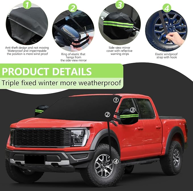 KXQ Car Windshield Cover for Ice and Snow, Enhanced-600D Oxford Fabric Windshield Snow Covers, Windshield Cover for Snow Fits Most Large SUVs, Pickup Truck (71 x 47.5 Inch)