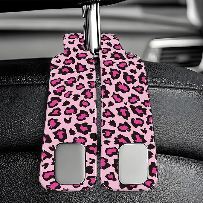Car Seat Headrest Hooks for Purses and Bags Abstract Pink Leopard 1 Pack Bag Purse Holder for Car with Double Metal Hooks Car Purse Hanger Hanging Accessories