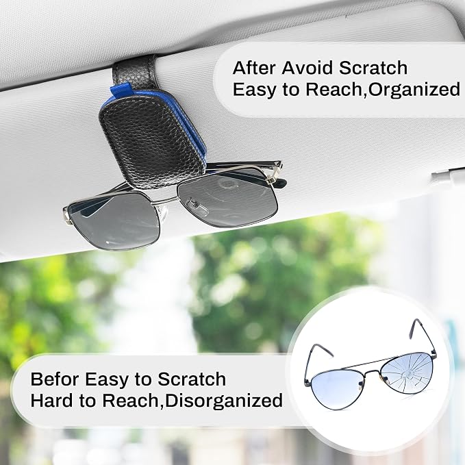 Sunglasses Holder for Car, Leather Magnetic Buckle Sun Visor Sunglass Clip, Ticket Card Storage Glasses Clip, Car Interior Accessories for Men and Women（Black-Blue）