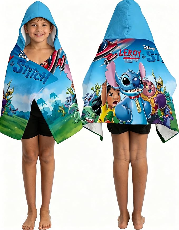 Stitch Printed Soft Cotton Terry Hooded Towel Wrap, Absorbent Hooded Towel for Bath Pool Beach Lounging, 28 in x 55 in