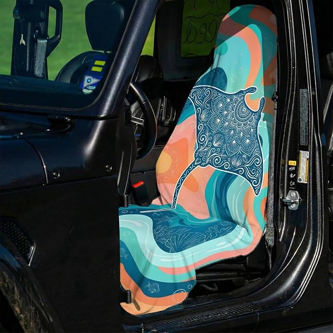 2 Pack Car Seat Towel Covers, Sweat-Proof Microfiber Seat Protectors for Gym, Running, Beach & Workout, Breathable Quick-Dry, Machine Washable, Pastel Manta Ray Print, Universal Fit
