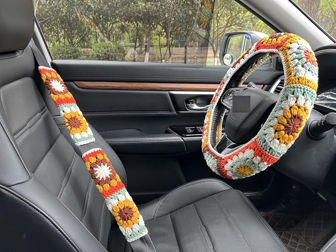 Steering Wheel Cover,Handmade Crochet Rainbow Sunflower Granny Square Steering Wheel Covers (Steering Wheel Cover+2 Belt Cover)
