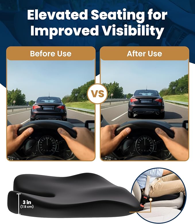 Car Seat Cushion for Driving - Orthopedic Car Cushion for Office, Travel, Gaming Chair Memory Foam Driver Booster for Short People, Non-Slip, Washable Cover, Back & Sciatica Relief