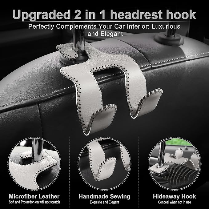 Upgraded Superior Leather Car Seat Back Headrest Hook, 2 in 1 Auto Seat Hook Hangers Holder Organization Interior Accessories for Purses Coats Umbrellas Grocery Bags Handbag (Gray)