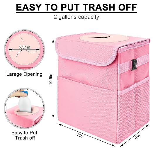 Car Trash Can Bin with Lid - Collapsible Car Garbage Can with Storage Pockets-Pink Mini Leakproof Vehicle Trash Bag-Small Automotive Organizers and Storage for Back/Front Seat SUV Truck Accessories