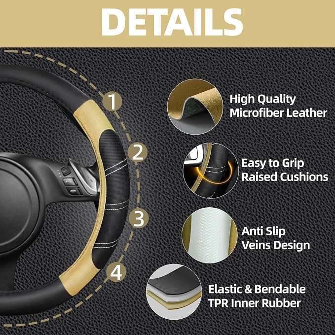 10 Pcs Car Floor Mats Full Set & Sport Leather Steering Wheel Cover 14.5-15 inch, Center Console Cover, Seat Belt Cushion, Cup Holder Coaster, Universal Automobile Interior Sets (Beige)