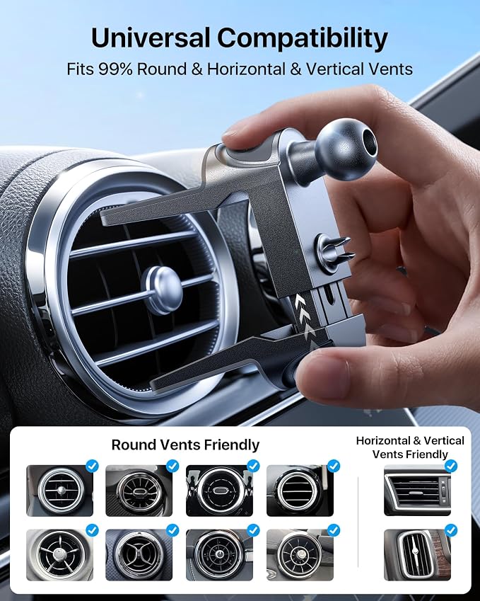 Universal Car Phone Holder [Round Vent Friendly] Phone Mount for Car Circle Vent, Sturdy Clip 360° Rotation Cell Phone Car Holder Mount for Ford Mercedes Benz Toyota BMW fit iPhone Samsung