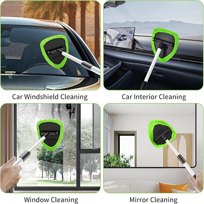 Windshield Cleaning Tool, 23-inch Extendable Handle Car Window Cleaner with 4 Reusable and Washable Microfiber Pads, Auto Glass Wiper Kit for Interior & Exterior, Ideal for Dirty Car Windows, Green