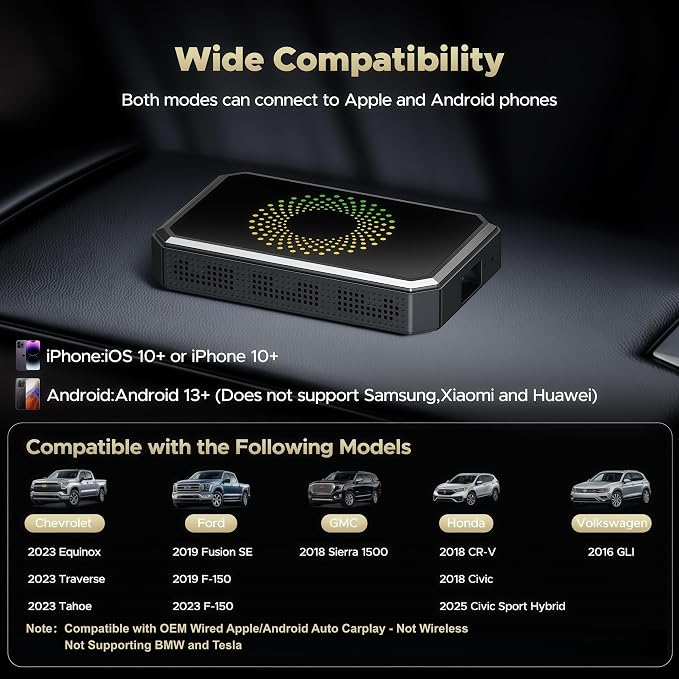 3-in-1 Wireless Carplay Adapter Magic AI Box with YouTube TikTok APPs Upgrade Wired Car Play to Wireless Support USB Drive for iPhone 10+ and Android 13+