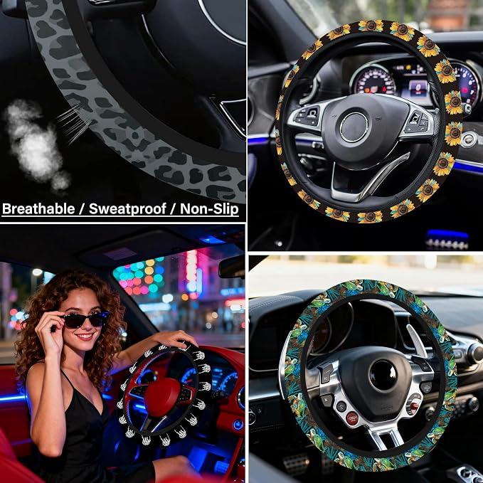 Highland Cow Steering Wheel Cover 15 Inch Universal Neoprene Steering Cover | Sunflower Cow Car Accessories Decor Non-Slip Fit Auto SUV Truck, Cows Gifts for Women Men Birthdays Festivals