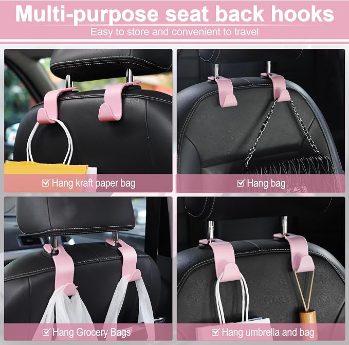 Car Seat Headrest Hook, Auto Seat Hook Hangers Storage Organizer Interior Accessories for Purse Coats Umbrellas Grocery Bags Handbag, 4-Pack - Pink