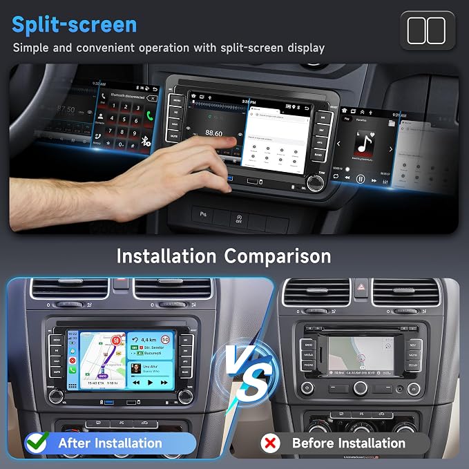 8Core 6G 128G Android Car Stereo for VW Passat Golf MK5 MK6 Jetta T5 EOS Polo Touran Seat Sharan Wireless Carplay Android Auto, 7'' Touchscreen Stereo with GPS Bluetooth WiFi FM/RDS DSP Rear Camera