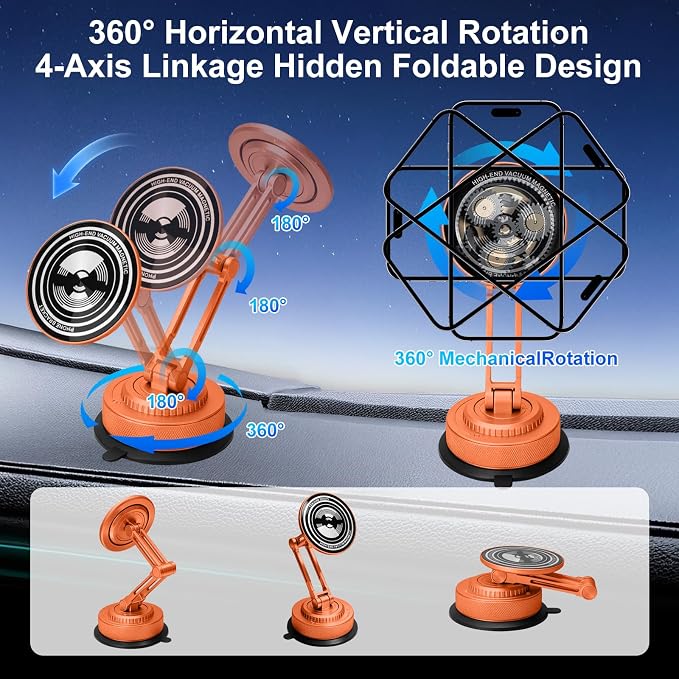 All-Metal Alloy Long Arm Magnetic Suction Cup Car Phone Mount(Orange) | Strong Powerful Magnetic Heavy-Duty Windshield Dash 360° Mechanical Rotation Cell Mobile Phone Vehicle Bracket for All Cars