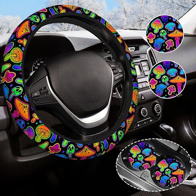 Mushroom Steering Wheel Cover Anti-Slip Universal for 14.5-15 Inch Car Steering Wheel Cover with 2 Pieces Car Coasters Suitable for Men Women