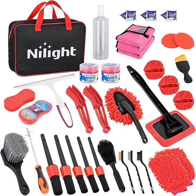 37PCS Car Detailing Kit Auto Cleaning Tools Wash Set with Storage Carry Bag Home Use for Interior Exterior Deep Clean Car Care Windshield Dashboard Seat Air Vents Wheels Tires, Red