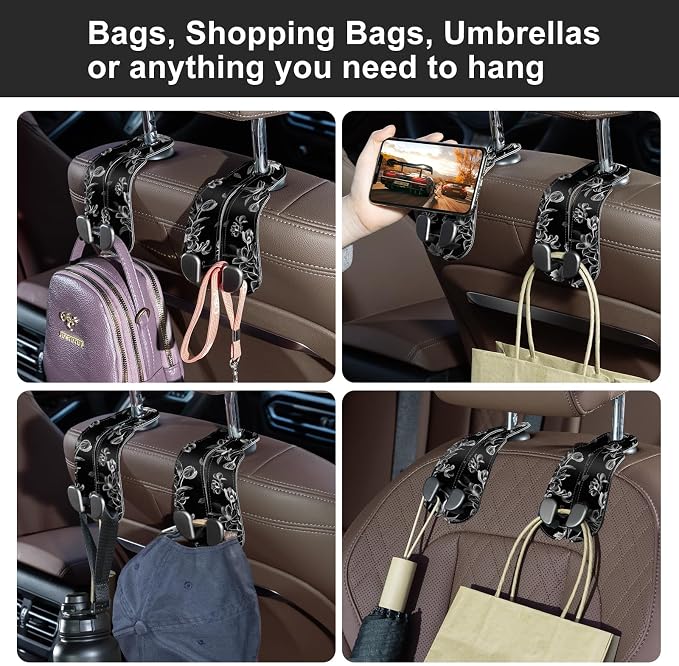 CoBak Purse Hook for Car - Universal Premium Stitched Leather and Aluminum-Magnesium Alloy Double Car Seat Back Storage Hook for Purses, Handbags, Bags (2 Pack),Floral Trace