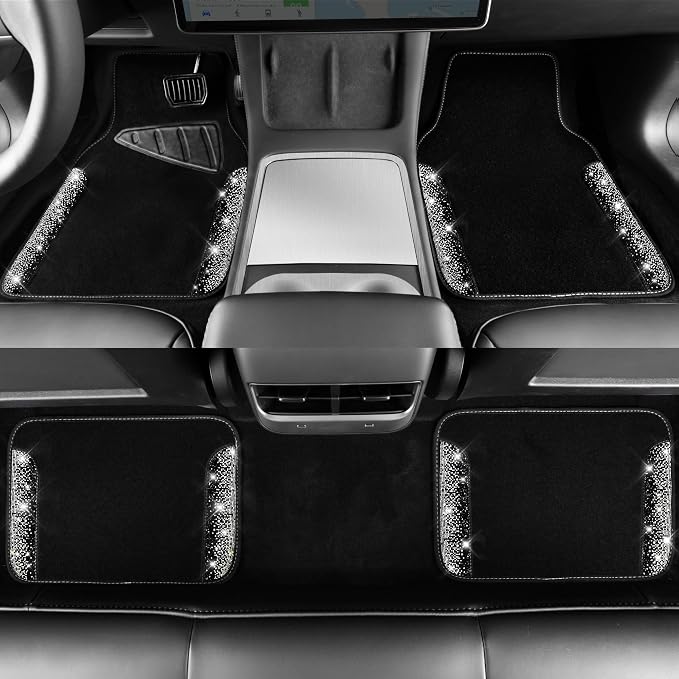 Bling Car Mats Shining Diamond Carpet Crystal Rhinestone Sparkly Glitter Floor Mats with Anti-Slip PVC Pad Universal Fit Automotive SUV,Sedan,Van,4pcs for Girl Women, Black Sliver Diamond