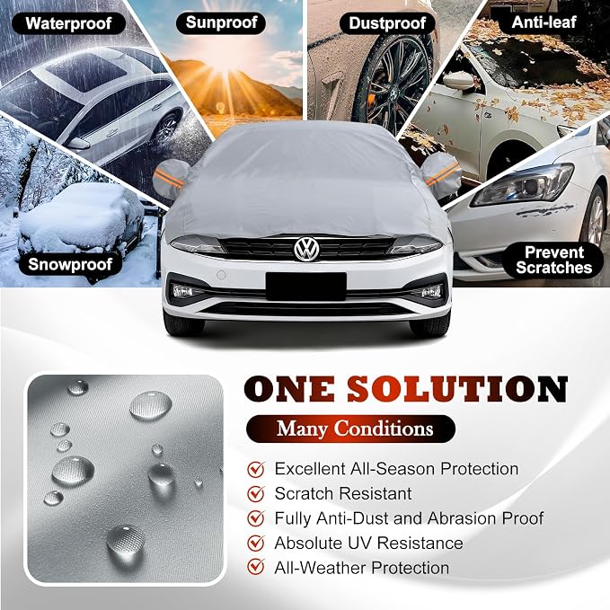Half Car Cover Top for Large Sedan L, UV Protection Roof & Windshield Sun Shade with Cotton Liner, Heat Resistant Half Vehicle Cover for Sun, Rain, Dust and Bird Droppings, Fits Most Full Size Sedans