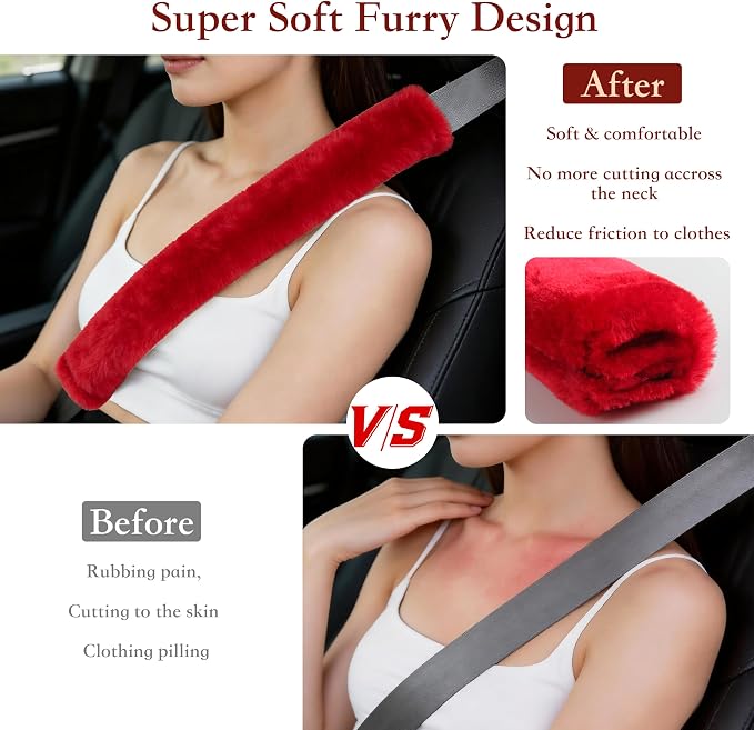 Soft Faux Fur Universal Fit Seatbelt Cover Car Truck SUV Airplane Seat Belt Shoulder Pad for Carmera Backpack Straps Neck Cushion Protector Extra Long 19.7in Red