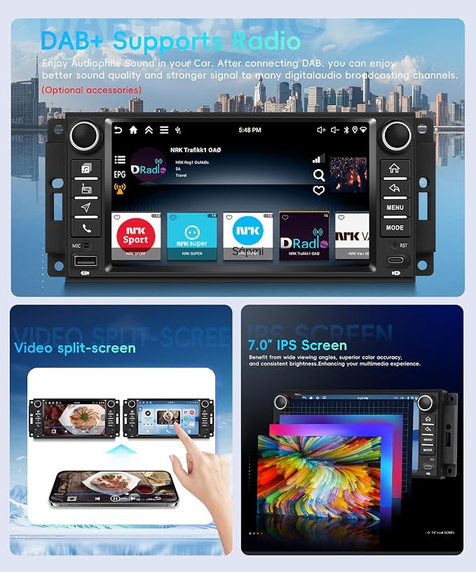 Android Car Stereo for Jeep Wrangler 2007-2018 & Jeep Compass 2011-2015 with Wireless CarPlay Android Auto, 4G+64G 7 Inch Car Radio GPS Navigation WiFi SWC Bluetooth FM with Backup Camera