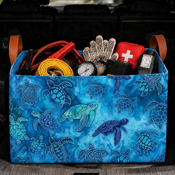 Sea Turtle Car Trunk Organizer,20L Collapsible Auto Storage Basket with Handles, Waterproof Reusable Shopping Grocery Bags for SUV, Truck,Sea Turtle Cars Boot Organizer Gifts for Women Men Drivers