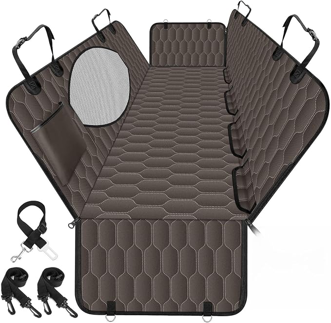 Waterproof Dog Car Seat Cover for Back Seat, Pet Hammock- S, Brown/Black | Durable waterproof hammock with nonslip design & storage pockets. Protects seats from scratches, fits cars, SUVs & trucks.