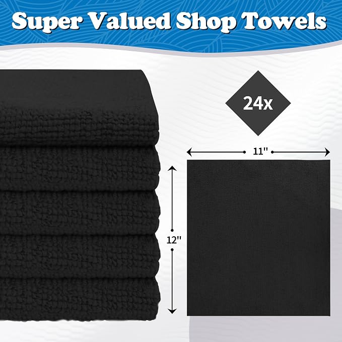 Microfiber Cleaning Cloth, Shop Towels Bulk, 24 Pack Black Microfiber Towels for Cars, All-Purpose Absorbent Cleaning Rags, Dust Cloth for Automotive, Mechanic, Garage, Bar, 12 x 11 inch