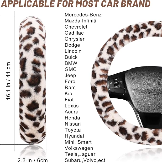 Fuzzy Steering Wheel Cover for Women Girls, Universal Fit 15 inch Fur Car Wheel Cover & Handbrake Cover & Gear Shift Cover Set, Fashion Leopard Winter Warm Fluffy Vehicle Wheel Protector
