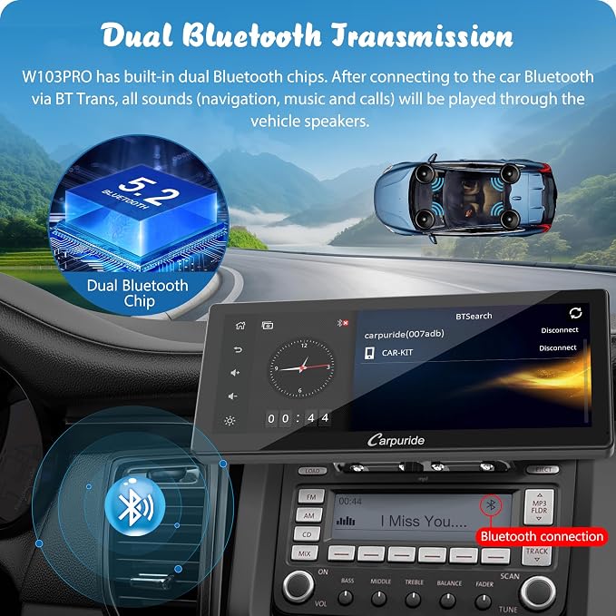 Carpuride W103 Pro with Wireless Bluetooth Transmission Portable Carplay & Android Auto Car Stereo, 10.3 inch 1080P Touch Screen, Mirror Link/GPS/Siri/FM, with 3 Bracket，Dual BT