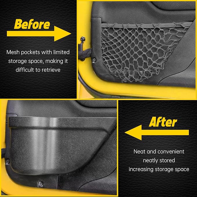 JK Storage Pockets for Jeep Wrangler, Front & Rear Door, 4 Pcs | Compatible with 2011-2018 Jeep Wrangler JK JKU 4 Door, Front and Rear Door Pockets, Interior Storage Accessories, Black