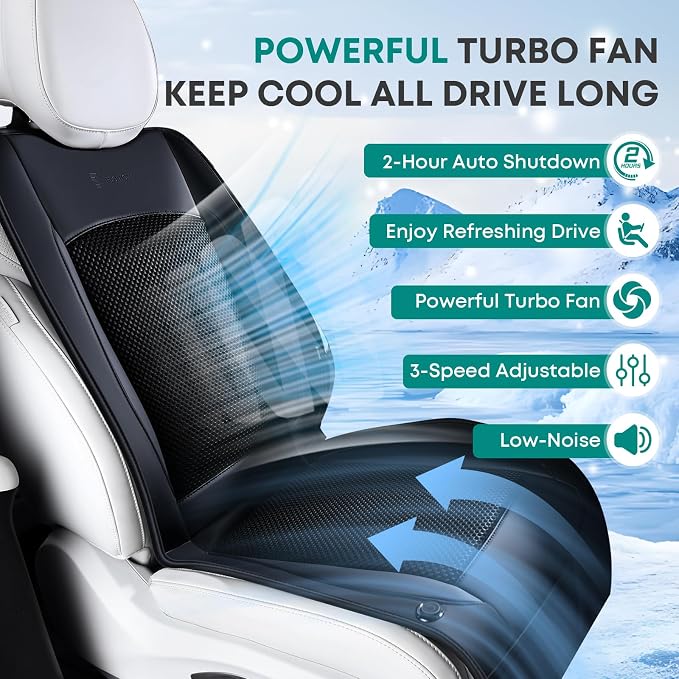 Cooling Car Seat Cover Front Seat, 12V-24V Ventilated Seat Cushion, Cooling Car Seat Cushion with 2 Powerful Turbo Fans 3-Speed Adjustable for Summer Driving, Universal Fit for Car SUV Truck
