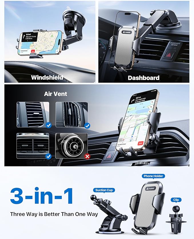 Car Phone Holder, 2026 Military-Grade 89lbs Strongest Suction Phone Holders for Your Car Dashboard/Windshield/Vent Easy Clamp Cellphone Holder Truck Stand for iPhone 17 16 15 Pro Samsung Grey