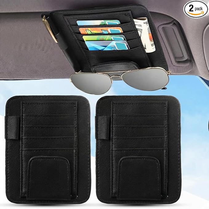 2 Packs Car Sun Visor Organizer, Sunglasses Holders for Car Sun Visor PU Auto Interior Accessories Storage Travel Document Holder with Multi Pocket (6.1 x 4.93 Inches, Black)